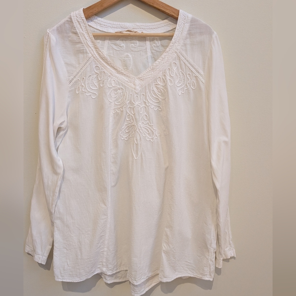 Soft Surroundings 100%Cotton White Embroidered Long Sleeve V-neck Top Size L